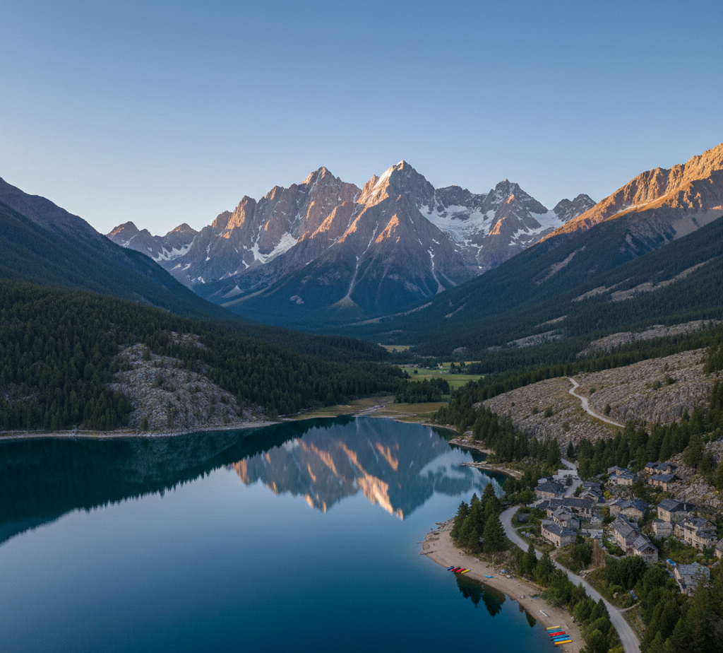 Scenic travel destination with mountains and clear skies