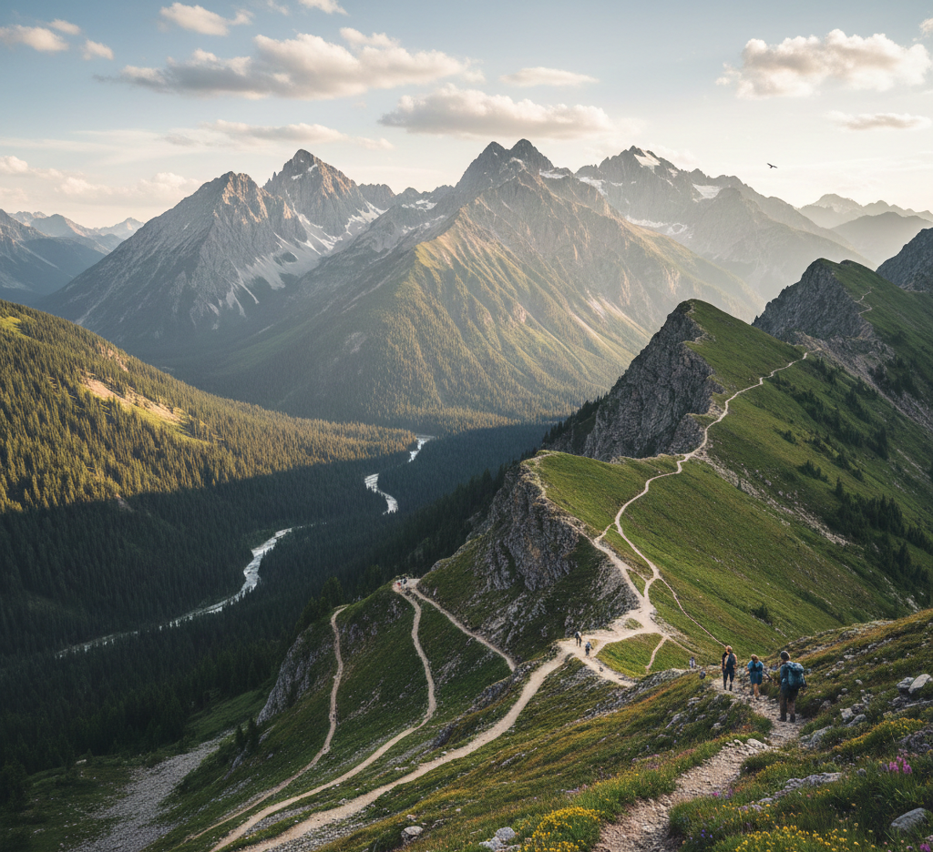 Mountain peaks with hiking trails and scenic views