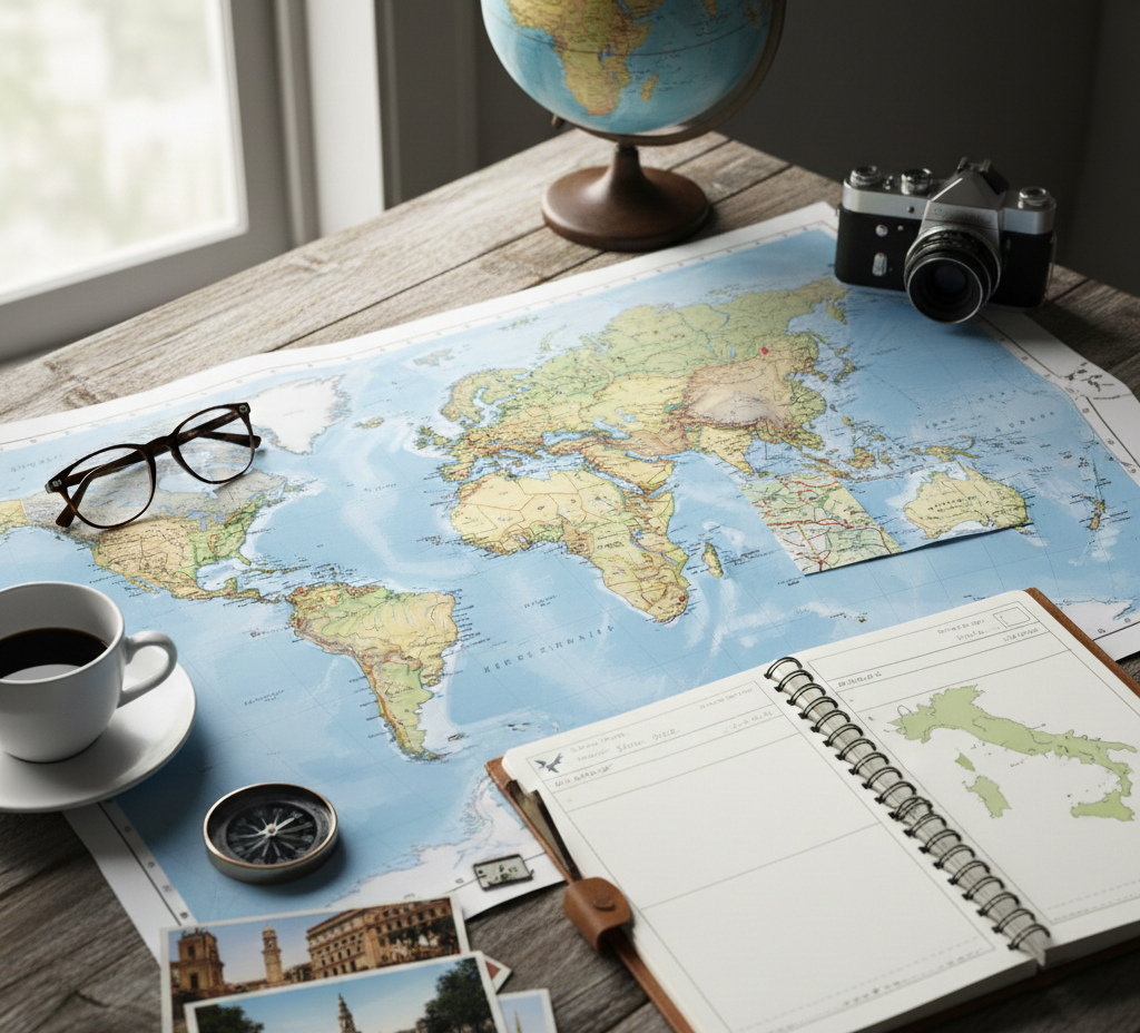 Travel planning workspace with maps and itinerary